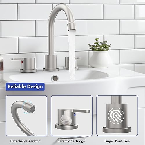 Miniatura 3 de Grifo de lavabo de baño generalizado de níquel cepillado, 2 manijas, grifo de lavabo de 8 pulgadas, 3 orificios, boquilla giratoria de 360, grifos