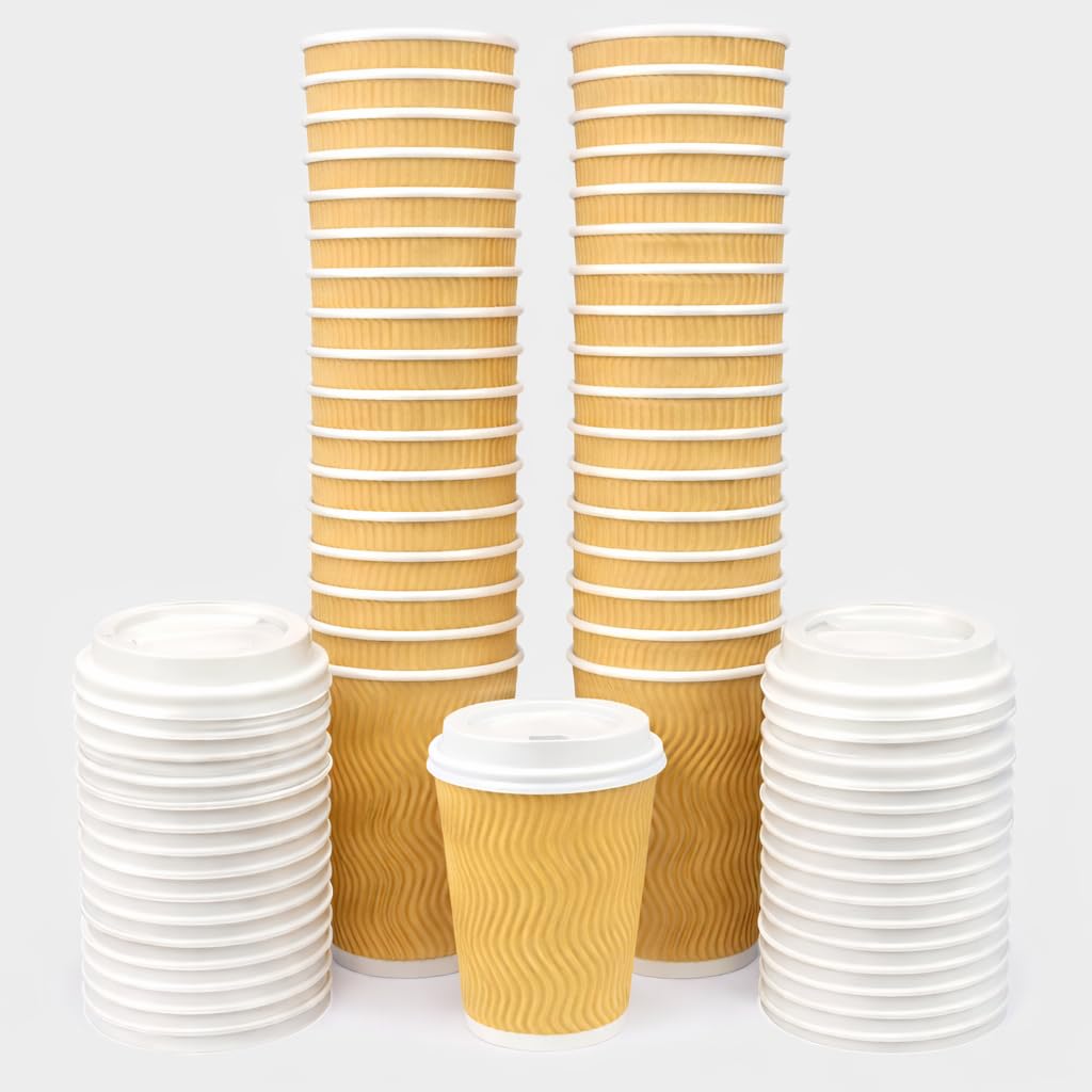 VABE UK 50 X 12oz Takeaway Coffee Cups with lids | Triple Wall Insulated Ribbed Disposable Paper Cups for Hot/Cold Drinks (Brown)