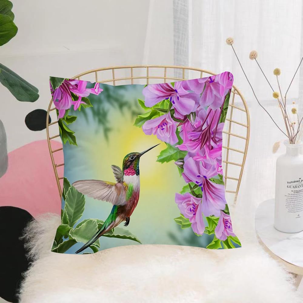 HYOSXW Cushion Cover,Throw Pillow Case Home Decorative for Living Room Bedroom Sofa Chair 16X16 Inch,Hummingbirds fly around in a flock of pink flowers, hummingbirds and lush flowe,Pillowcase 40X40cm