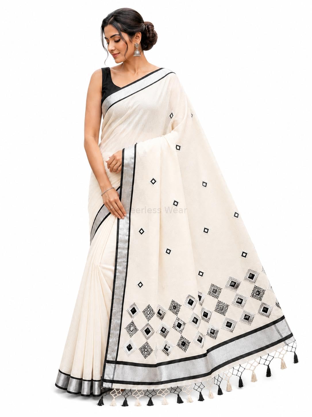 Kerala Onam Kasavu Saree Black Silver Zari Border, Pure Cotton, Running Blouse, Floral Embroidered, With Kunjam, 6.3 Meters-image-1