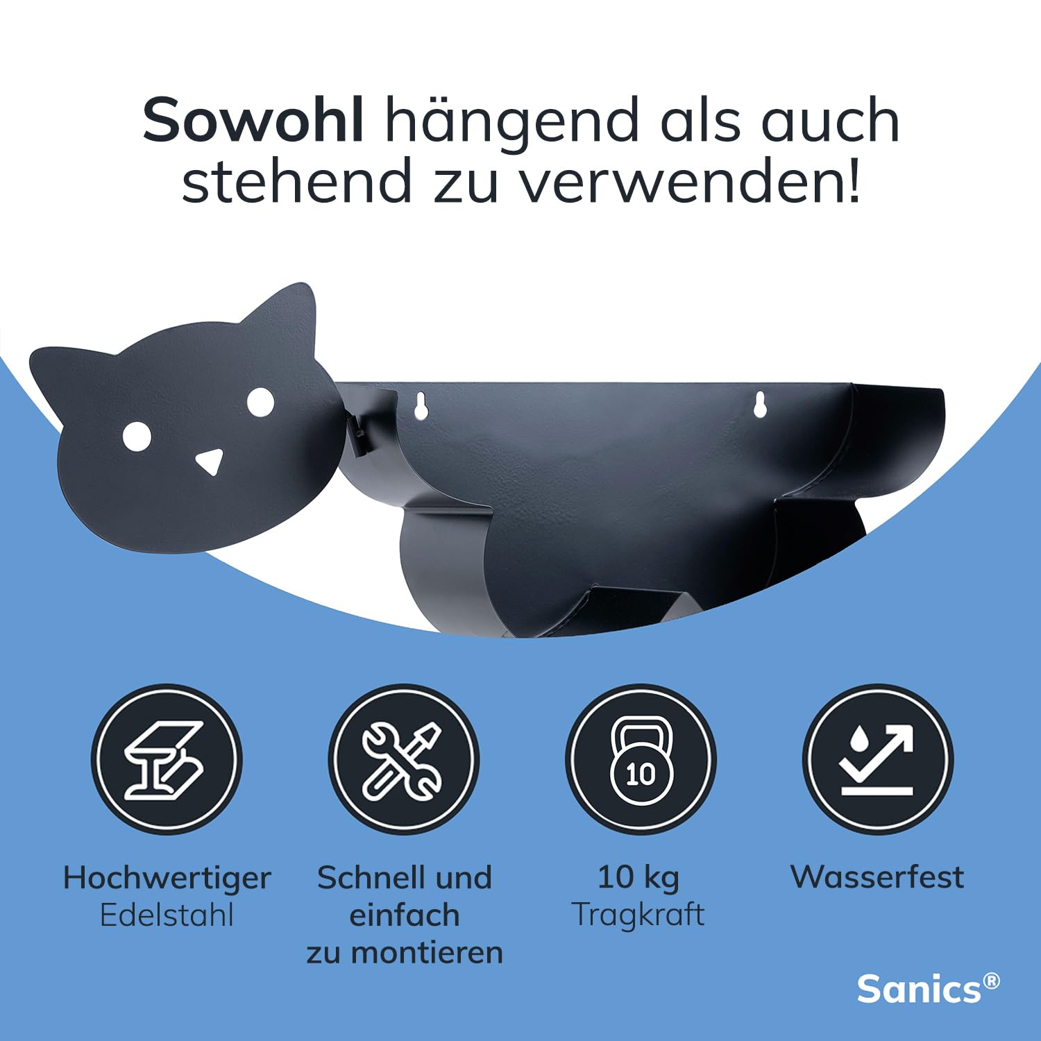 Ersatzrollenhalter Freistehend - WC Papierhalter Hängend - Wandhalterung - Katze - Toilettenpapierhalter Tiere - Schwarz