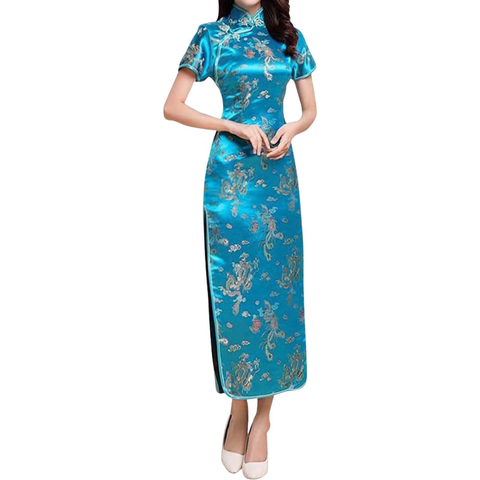 Generisch 2026 Chinois Cheongsam Robe Brodée Manches Courtes Longue Longueur Femmes Traditionnel Qipao