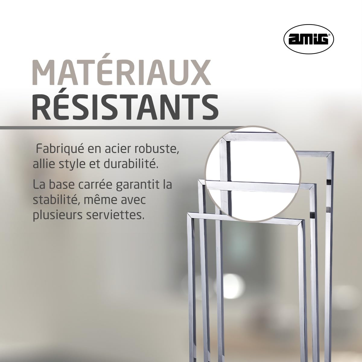 Amig – Porte-Serviettes sur Pied chromé avec 3 Barres métalliques – Support au Sol pour Serviettes de Bain – Style Moderne avec Finition Brillante et Base Stable – sans perçage