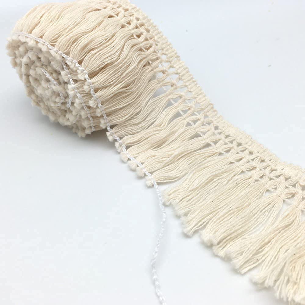 FQTANJU 10 Yards X 6cm Wide Cotton Tassel Fringe in Beige, 6cm 10 yards - Image 3