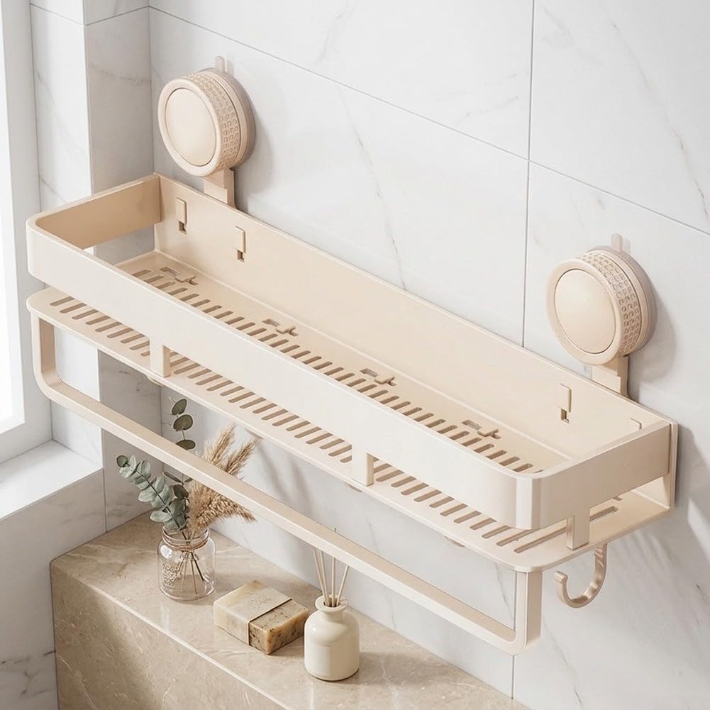 Organizador de ducha sin taladros montado en la pared, estantes de baño inoxidables con fuerte succión para almacenamiento de artículos de tocador, color crema, 40 x 12 x 19 cm