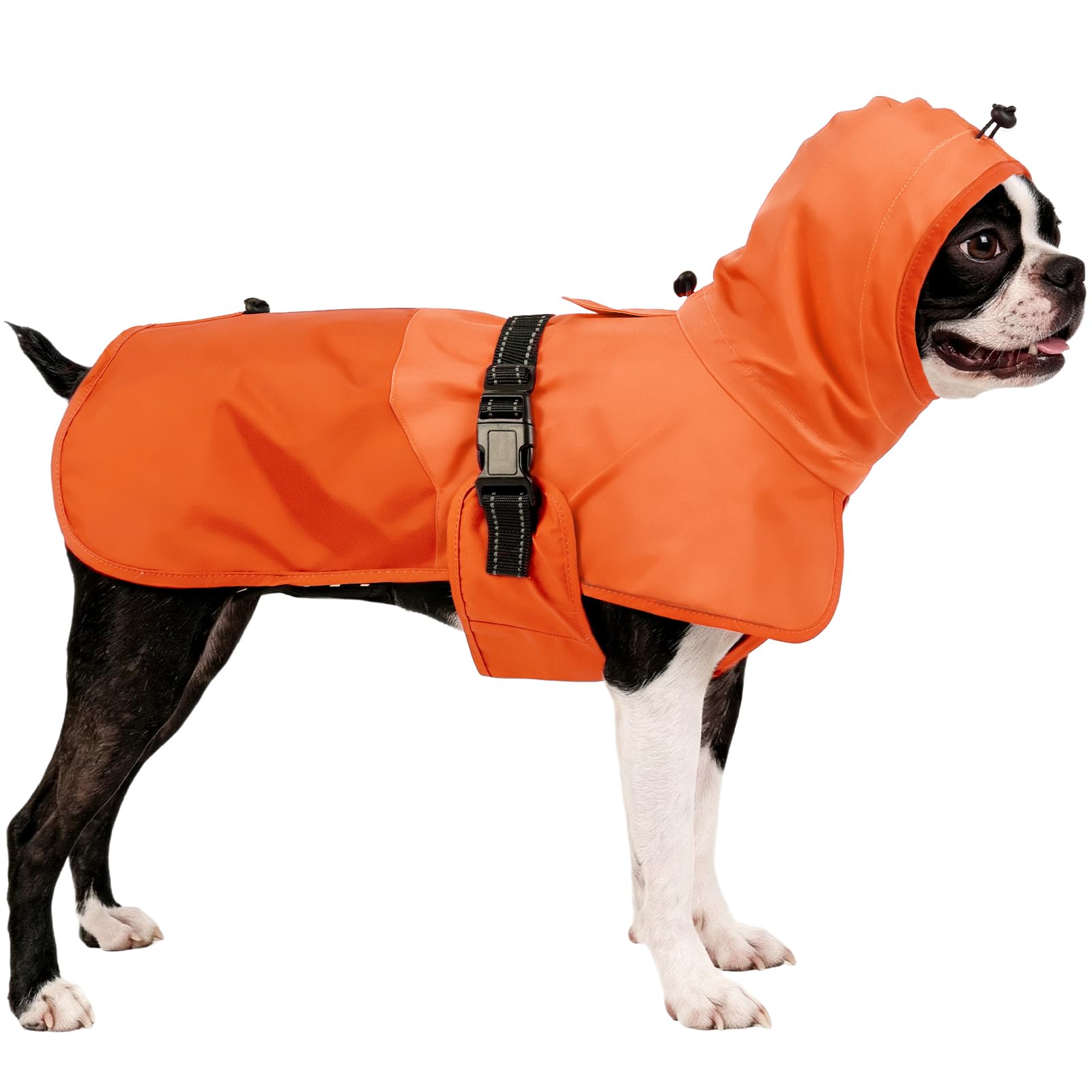 OUOBOB Dog Raincoat for Large Dogs with Hood, Waterproof Reflective Rain Jacket with Adjustable Drawstring & Leash Hole Cover, Windproof Coat for Rain Snow Weather Outdoor Walking Hiking, Orange, L