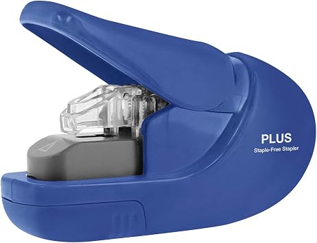 Plus Paper Clinch Compact Staple-Free Stapler, Heavy Duty, Navy Blue