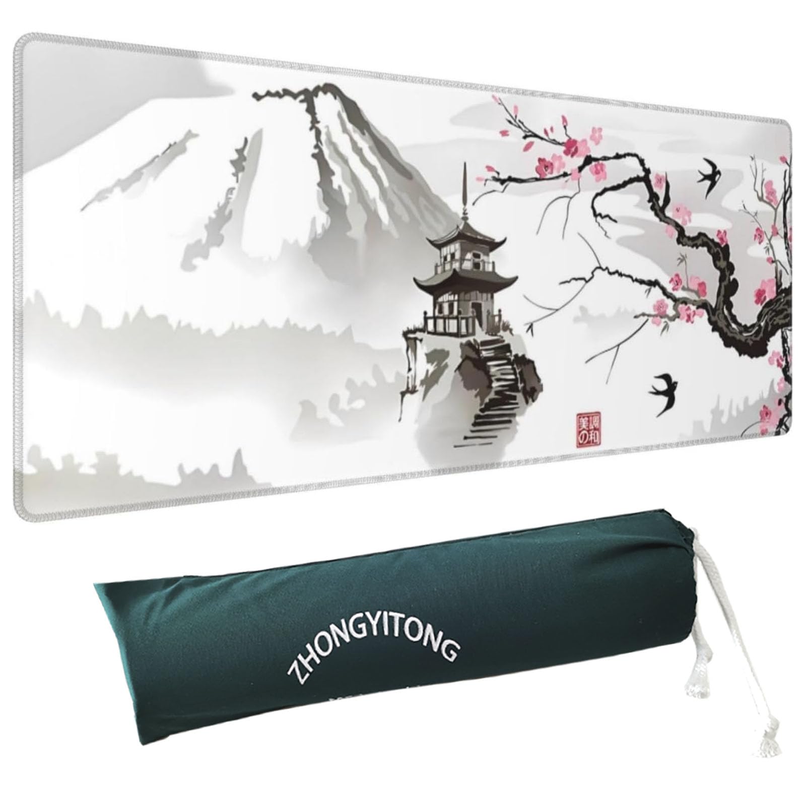 Gaming Mouse Pad XL Pagoda and plum blossom Oversized Desk Mat Mouse Pad with Stitched Edges Long Non-Slip Rubber Base 80x30cm