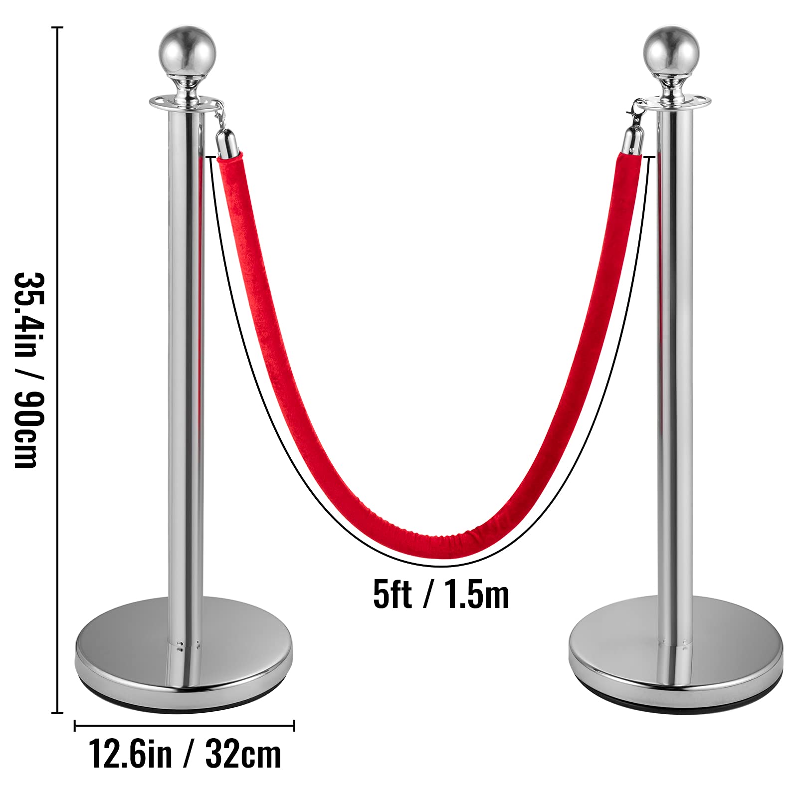 VEVOR Personenleitsystem 8 Ständer, 90 cm Gesamthöhe Absperrung, Abgrenzungsständer Leitpfosten, Absperrständer mit 1,5 M Länge Gürtel für Hochzeit Flughafen, Ständer aus Stahl und Eisen, Silber Rot