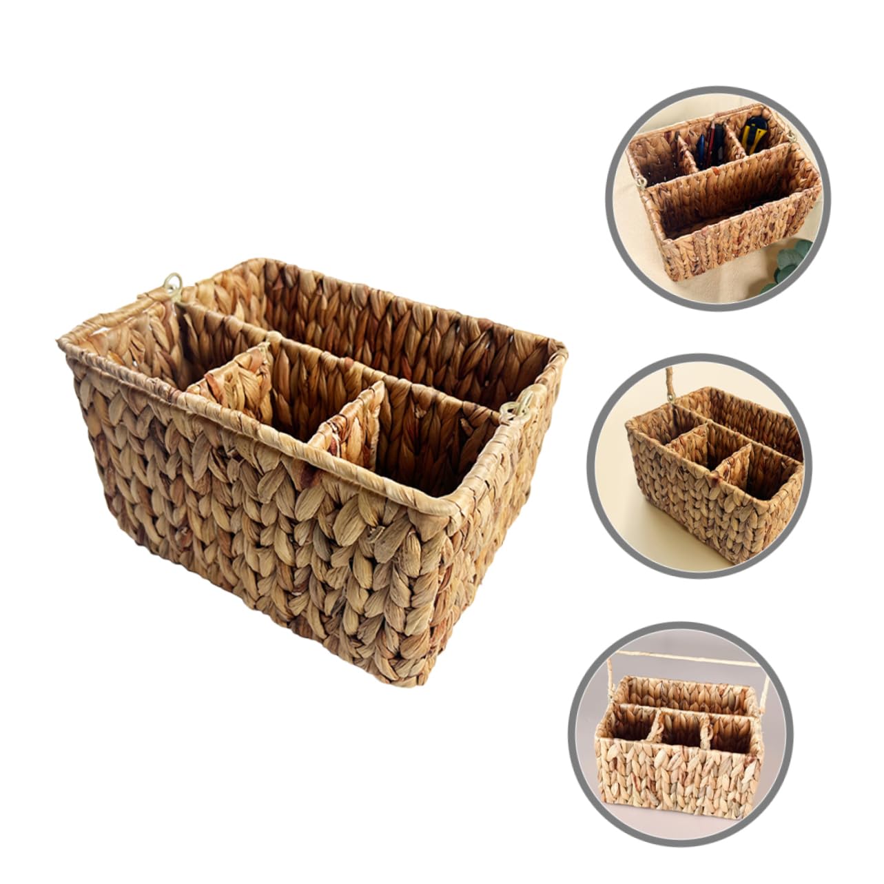 Cesta Tejida de Fibra Natural para Cubiertos con Compartimentos, Organizador Decorativo y Delicado para Cocina y Baño, Soporte Multifunción de Hierro