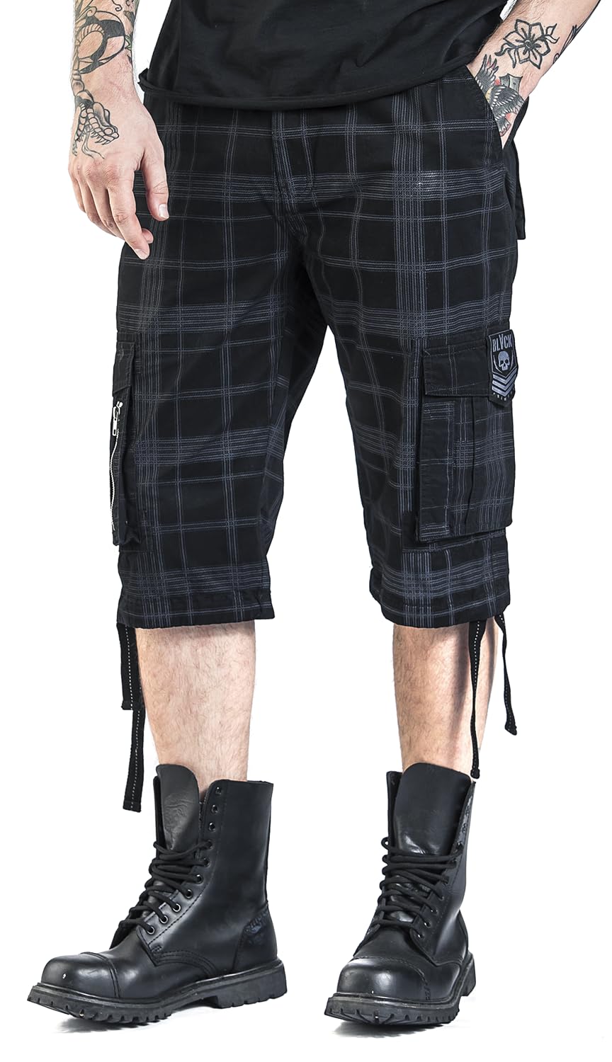 Black Premium by EMP Hombre Pantalón Corto Negro con Estampado de Cuadros
