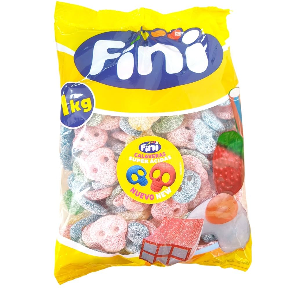 Fini Calaveras Super Ácidas 4 Sabores y Colores Diferentes Bolsa 1KG Sabor Extra Ácido