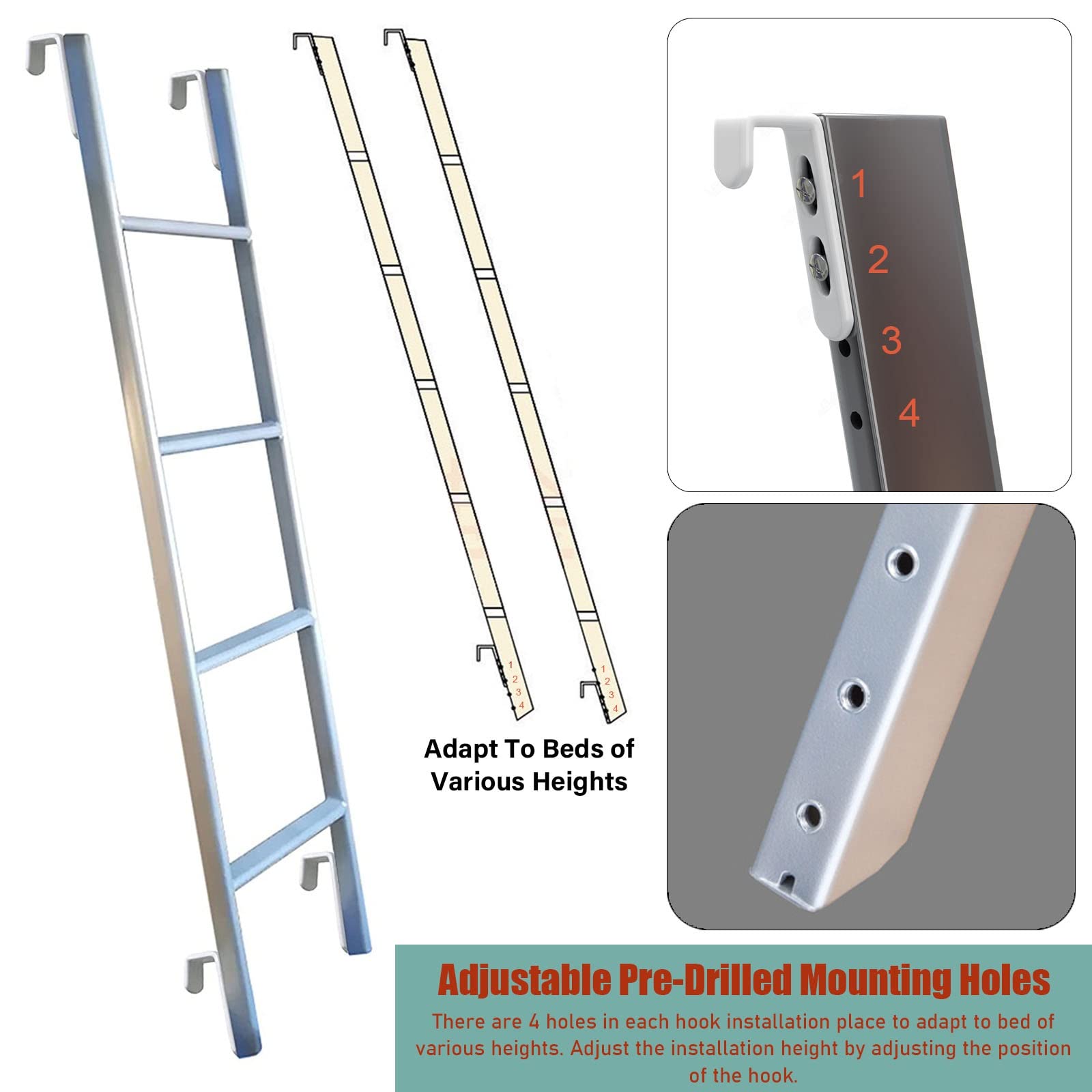 Scala a Castello con Gancio per roulotte, Camper, Scuola, dormitorio, Letto a soppalco in Metallo, Alta 150 cm, Bianca, Grigia, Nera (Dimensioni: 1,5 m/59)