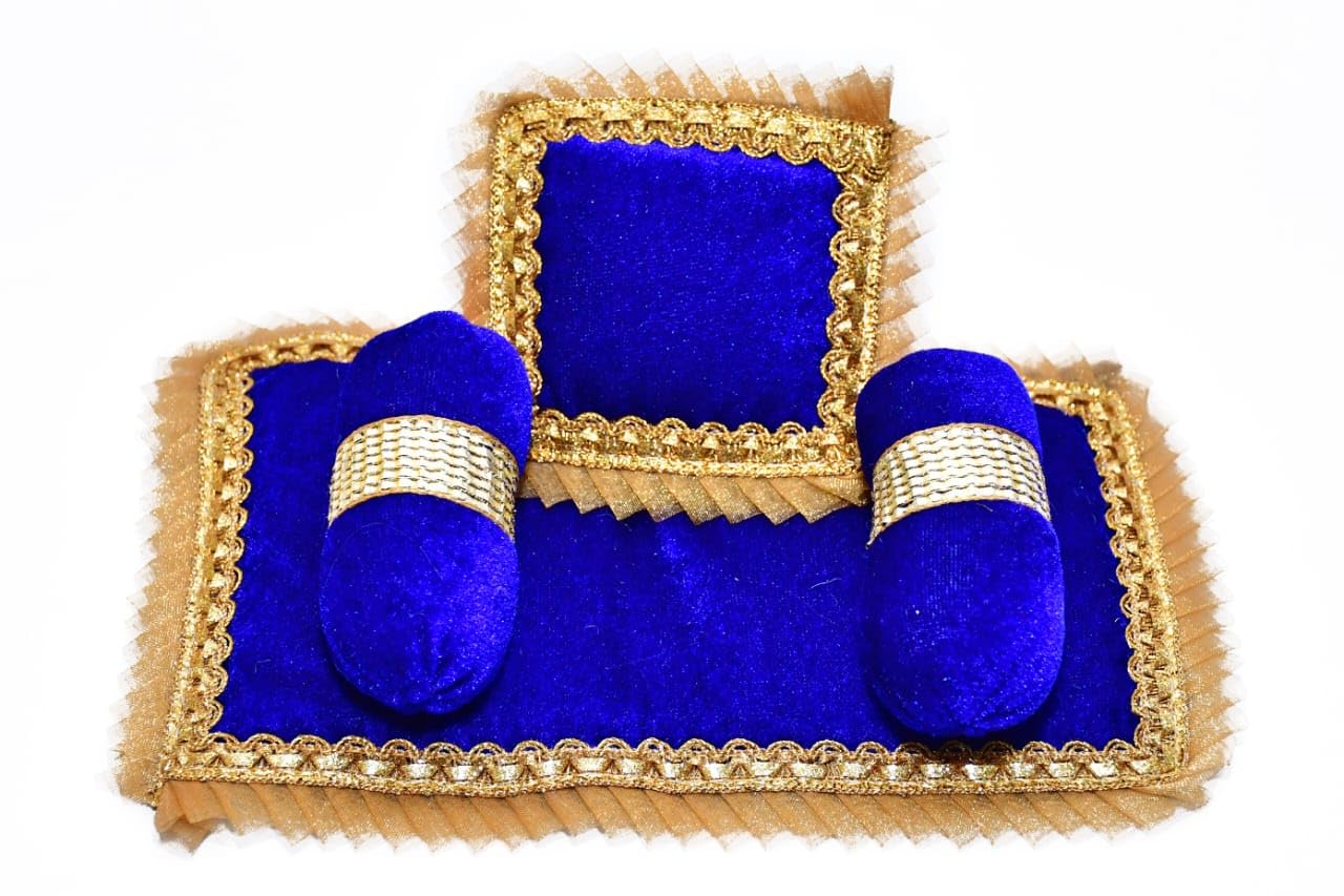 SAMRUDDHI Home Decor Laddu Bal Gopal Thakurji Bedding Set (Handcraft Aasan, Head & 2 Side Pillow Set) Laddu Gopal Bister Gaddi Bedding Set - Cotton (Blue 1