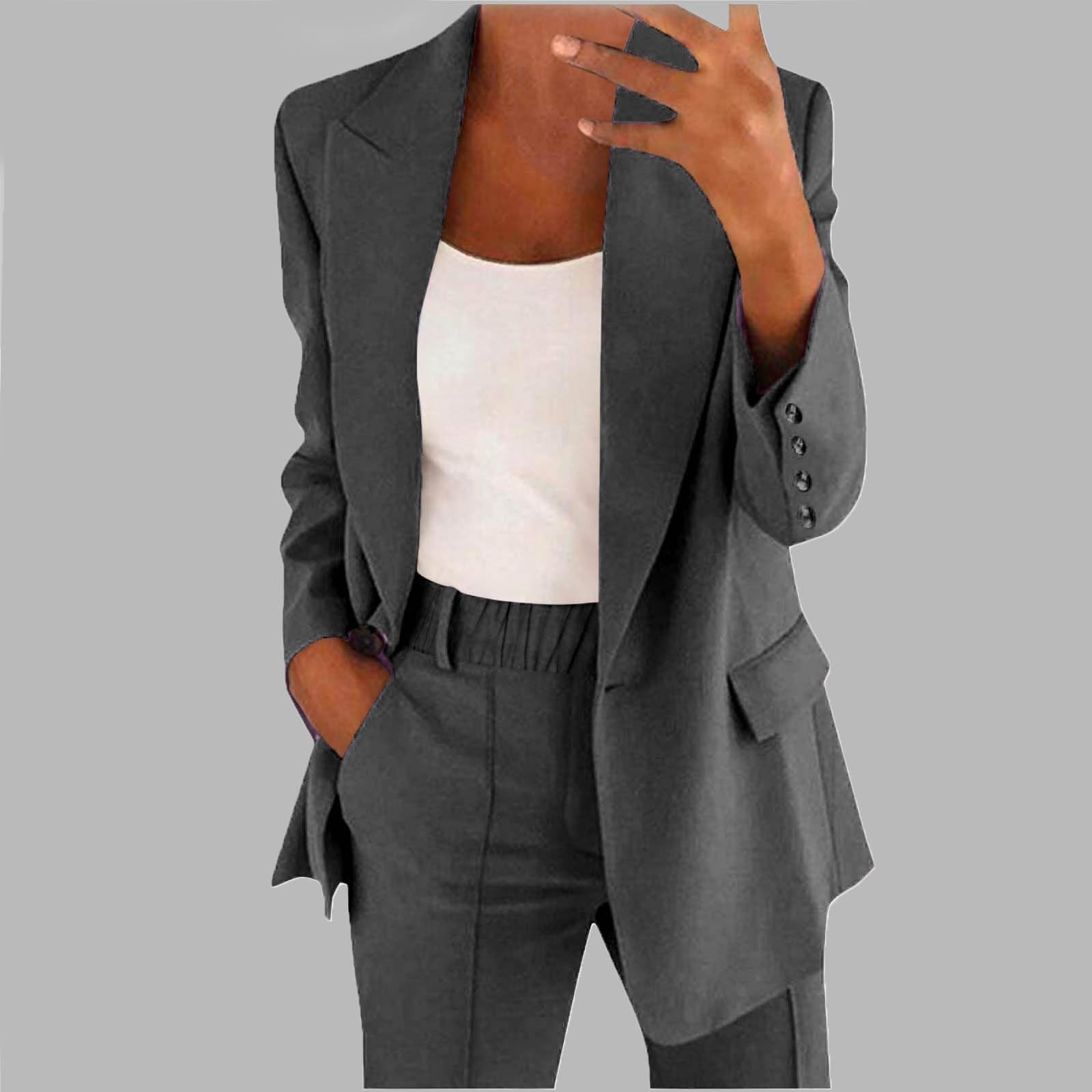 Generisch Traje de pantalón para mujer, elegante, de dos piezas, color liso, traje de ocio, chaqueta de traje y pantalones de traje, solapa, traje de oficina, pantalón blazer de 2 piezas, manga larga