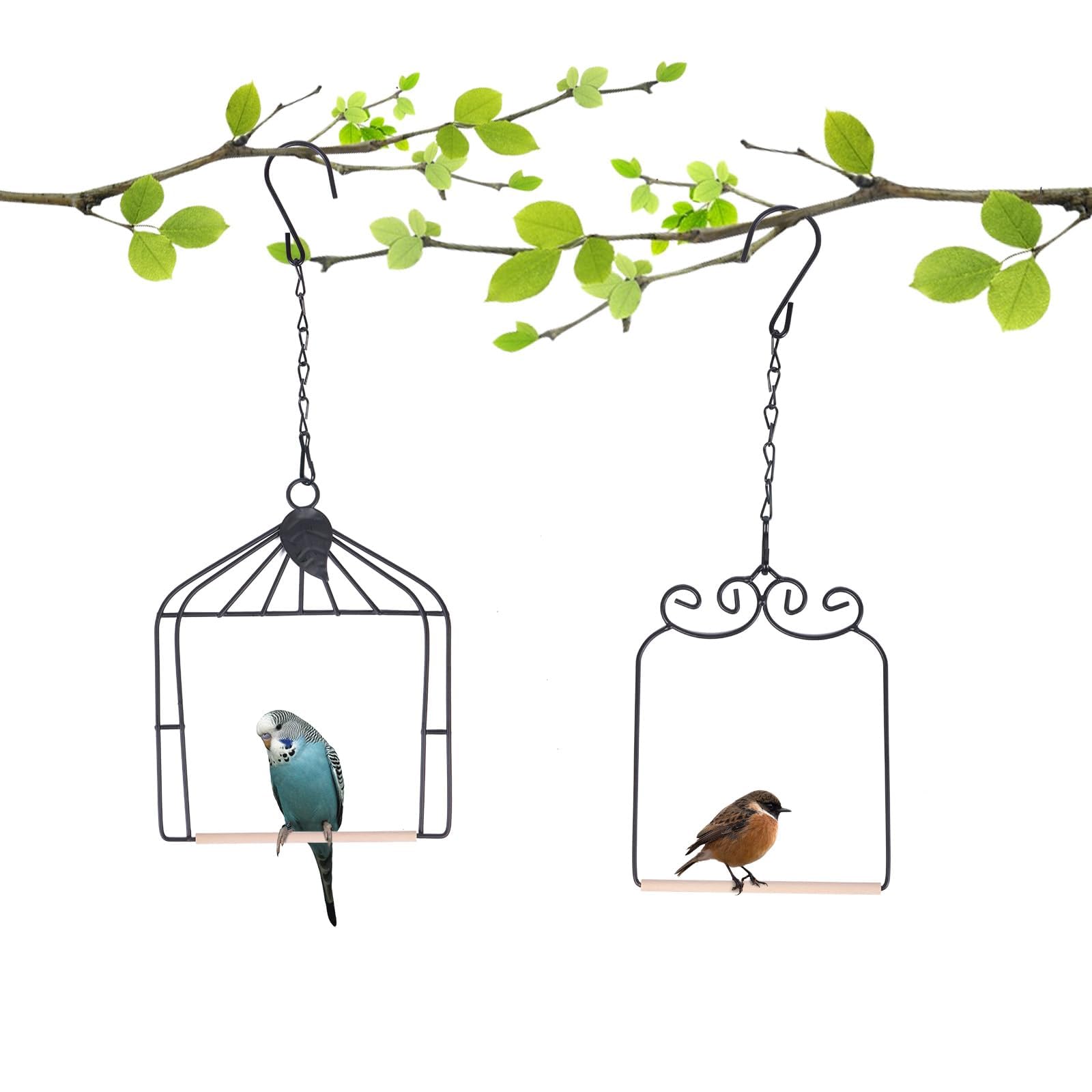 Columpios y perchas de colibrí con estructura de metal con clavija de madera, columpio para pájaros negros, para exteriores, 2 unidades