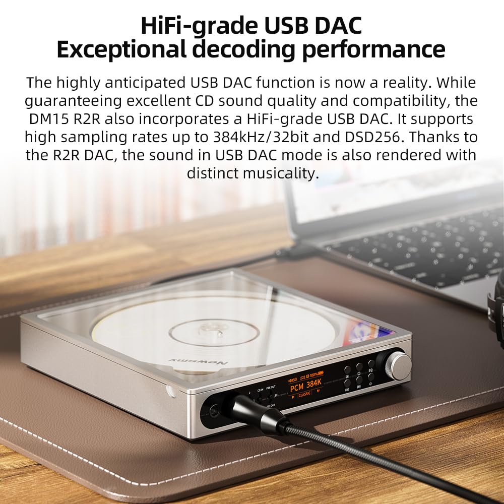 FiiO DM15 R2R – Reproductor de CD portátil, DAC USB de Alta fidelidad y transmisor Bluetooth 5.4, Pantalla HD, Salida 3.5mm y 4.4mm balanceada, batería 7h, Negro