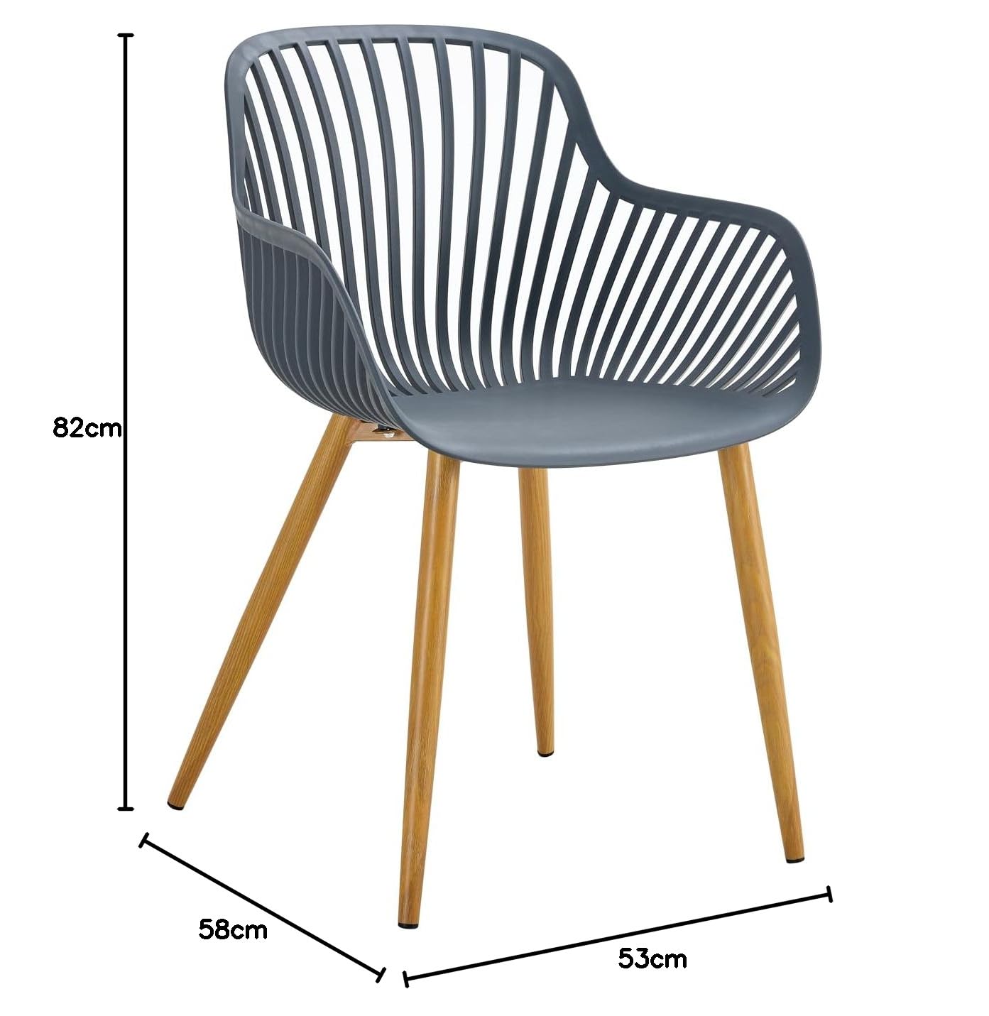 KG KITGARDEN - Pack de 4 Sillas de Polipropileno y Acero Imitación Madera con Reposabrazos para Exterior Jardín Hostelería, 53x58x83 cm, Gris Antracita