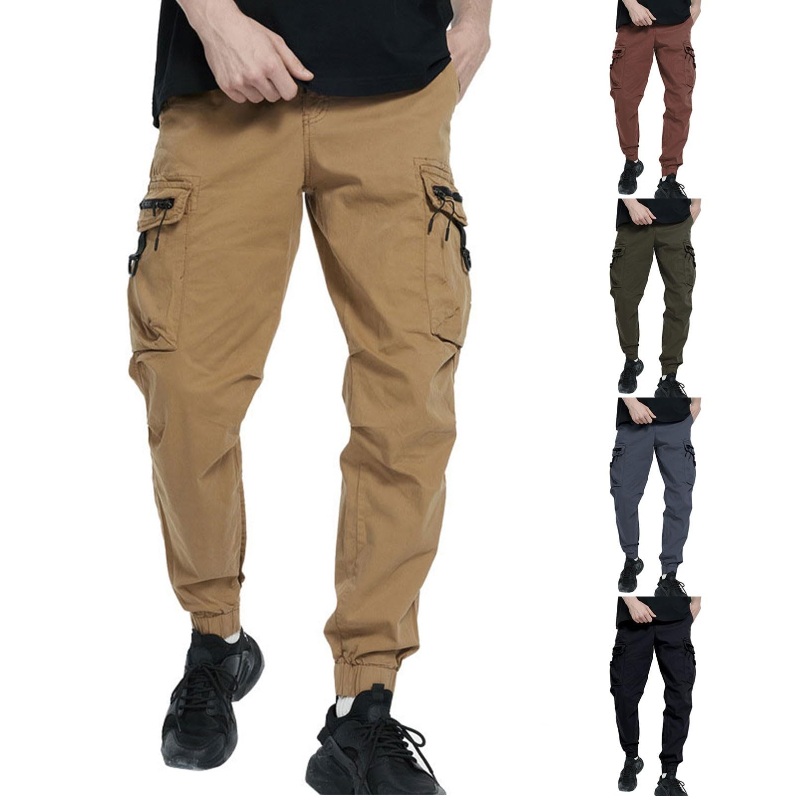 Generisch Pantalones cargo para hombres: pantalones de trabajo con muchos bolsillos, pantalones de correr con puños, pantalones de chándal ligeros, pantalones deportivos transpirables, pantalones