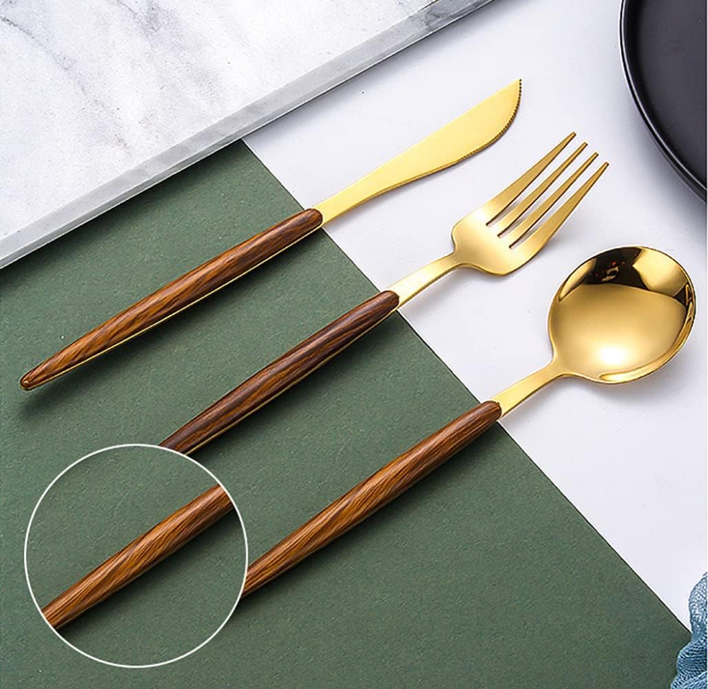 Ensemble de Couverts en Bois 50 pièces, en Acier Inoxydable Durable avec Manche en Bois, Comprenant Couteaux, fourchettes et cuillères délicats. Service de Table idéal pour la Cuisine, notam