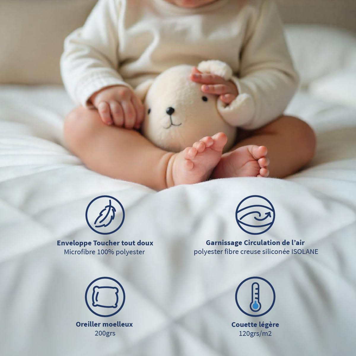 Bleu Câlin Pack Bébé Couette légère 100x135 cm + Oreiller Moelleux 40x60 cm pour Lit Bébé 70x140 cm - Lavable à 95°C - Certifié Oeko-Tex