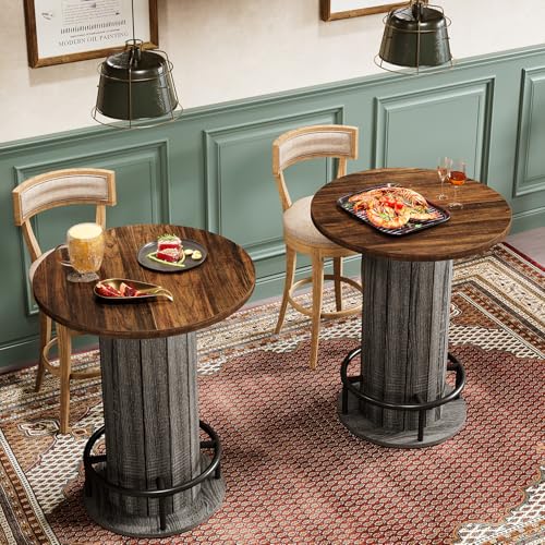 Image of Tribesigns Round Dining Table, 39.4 inch H Small Circle Kitchen Table with Wood Strip Base and Footrest, for Small Spaces, Dining Room, Kitchen, Bar, Brown & Gray (Only Table)