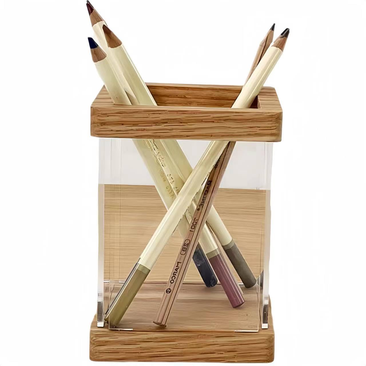 Portalápices estético Transparente para Escritorio, Organizador de Pinceles de Maquillaje de Madera acrílica, Suministros de Oficina, decoración de cubículos