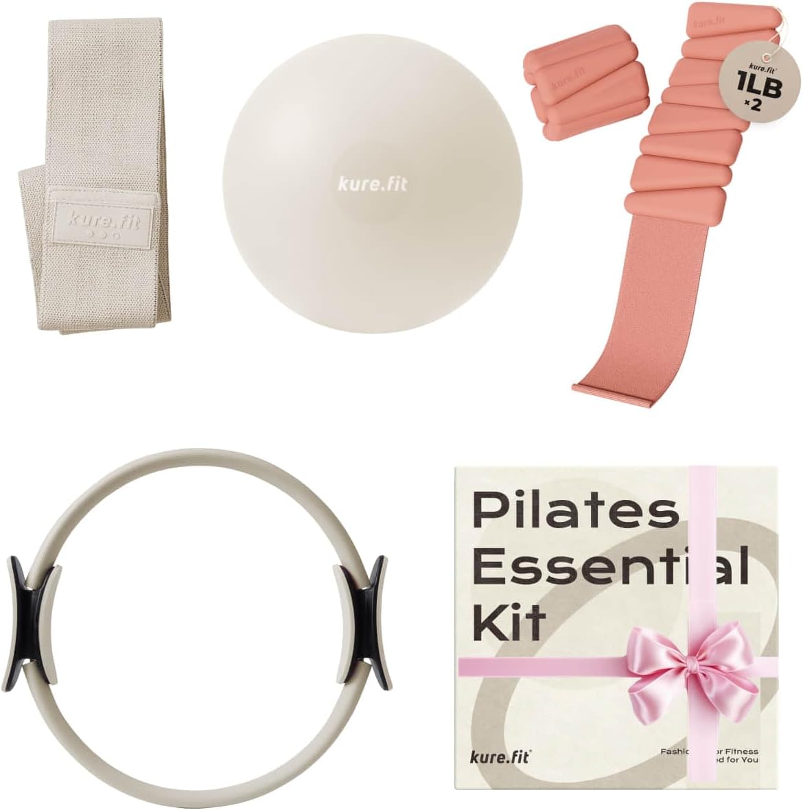 Peach Adjustable Wrist and Ankle Weights 1lb Each Set of 2 and Beige Pilates Kit Bundle