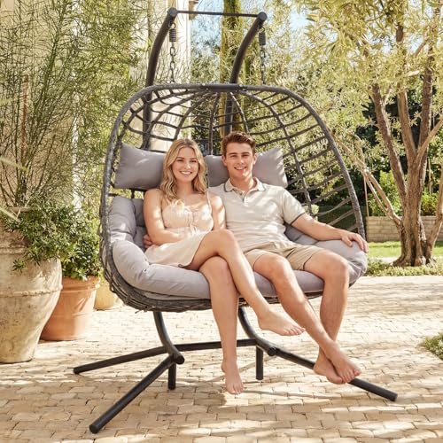 Brafab Double Swing Egg Chair with Stand, Large Hand-Woven Wicker Rattan Hanging Egg Chair for 2 People, Porch Hammock Swing Loveseat with Thick Cushion and Sturdy Steel Stand for Indoor Outdoor