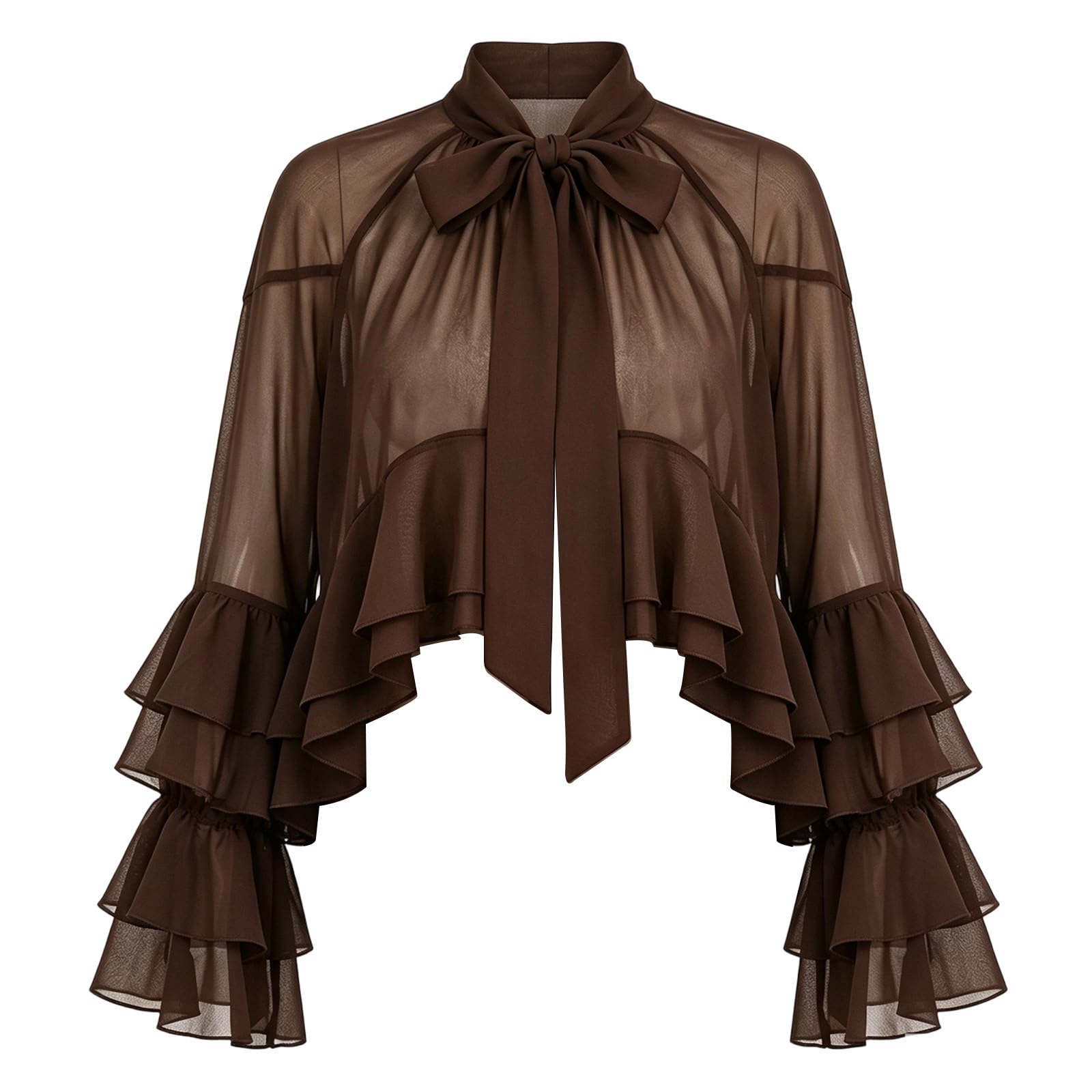 Camicetta da donna in rete, con maniche larghe a tromba e orlo a balze | rete, maniche a tromba, orlo a balze, fluente, trasparente, camicetta in poliestere, versatile, moda da donna, elegante