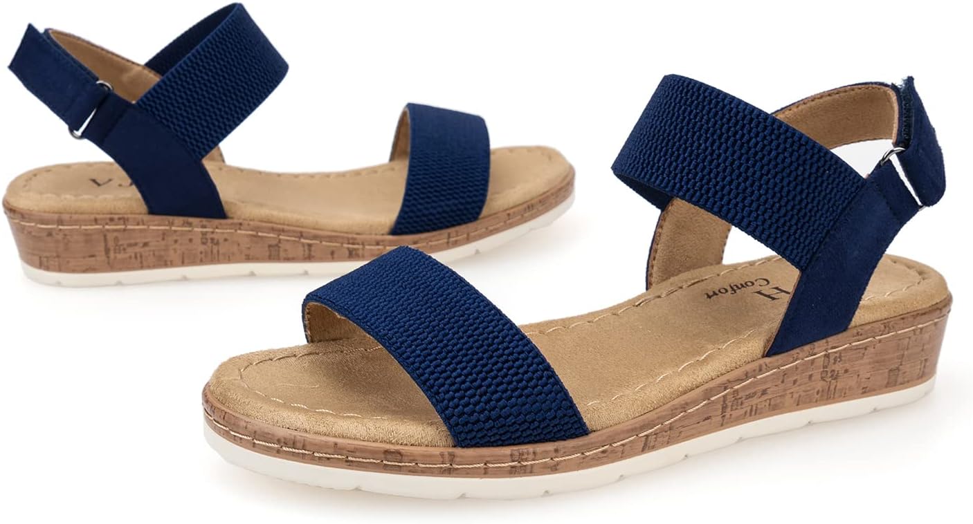 VJH confort Women’s Flat Sandals Open Toe Elastic Ankle Strap Slip on Comfy Low Wedge Sandals - Image 6