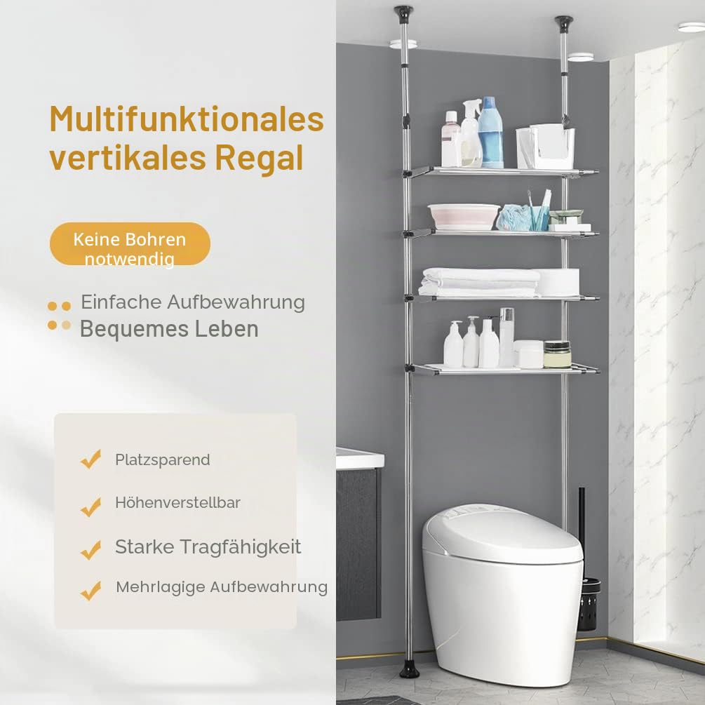 BAOYOUNI Teleskop Badregal mit 4 Ablagen Regal über der Waschmaschine oder Toilette WC ohne Bohren Badezimmerregal Teleskopregal aus Metall, Höhen und Breite Verstellbares, Schwarz