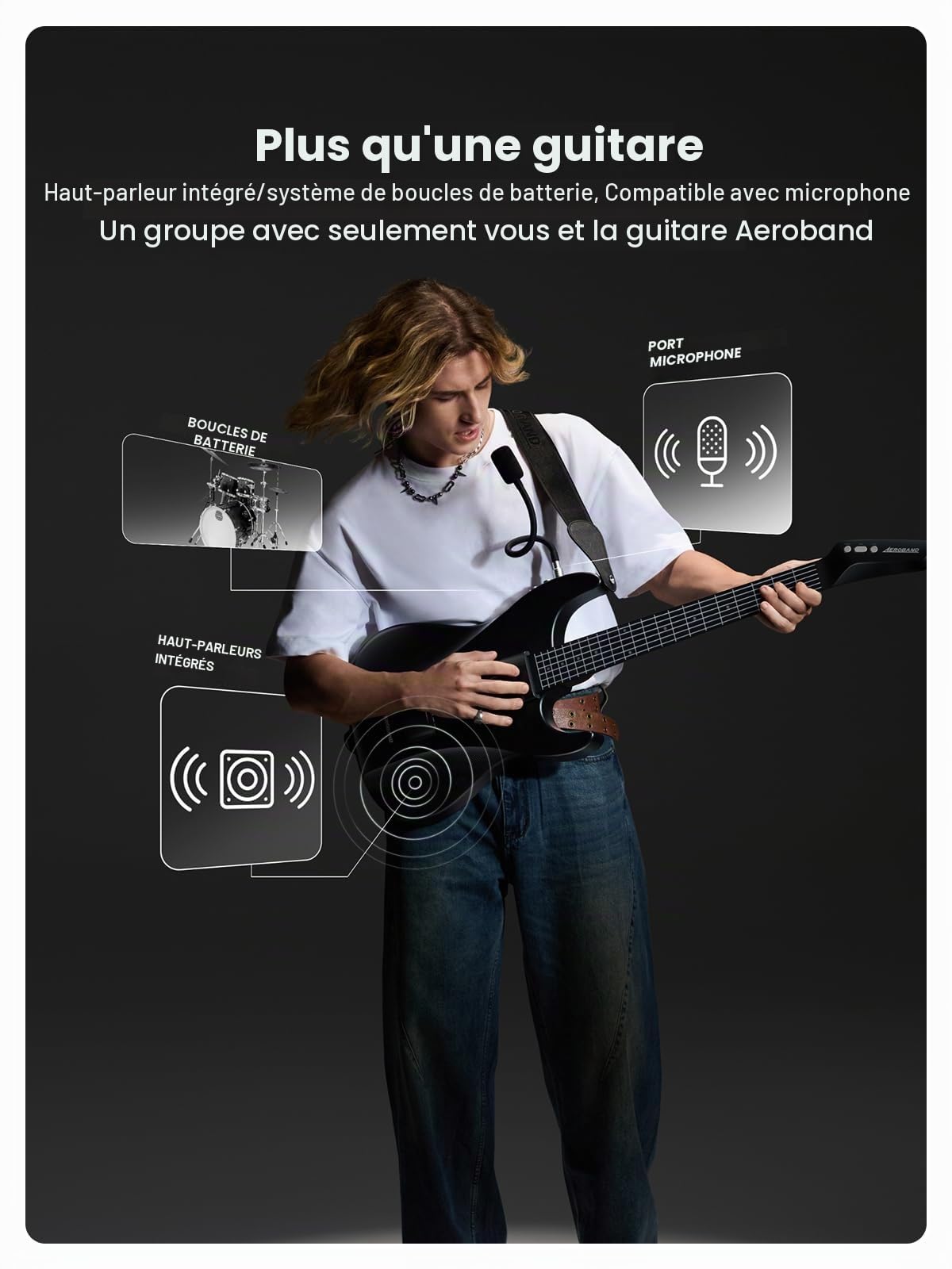 AeroBand Guitare électrique acoustique de voyage sans guitare, portable et silencieuse avec touche amovible, guitare intelligente pour débutants, adultes, adolescents, cadeau