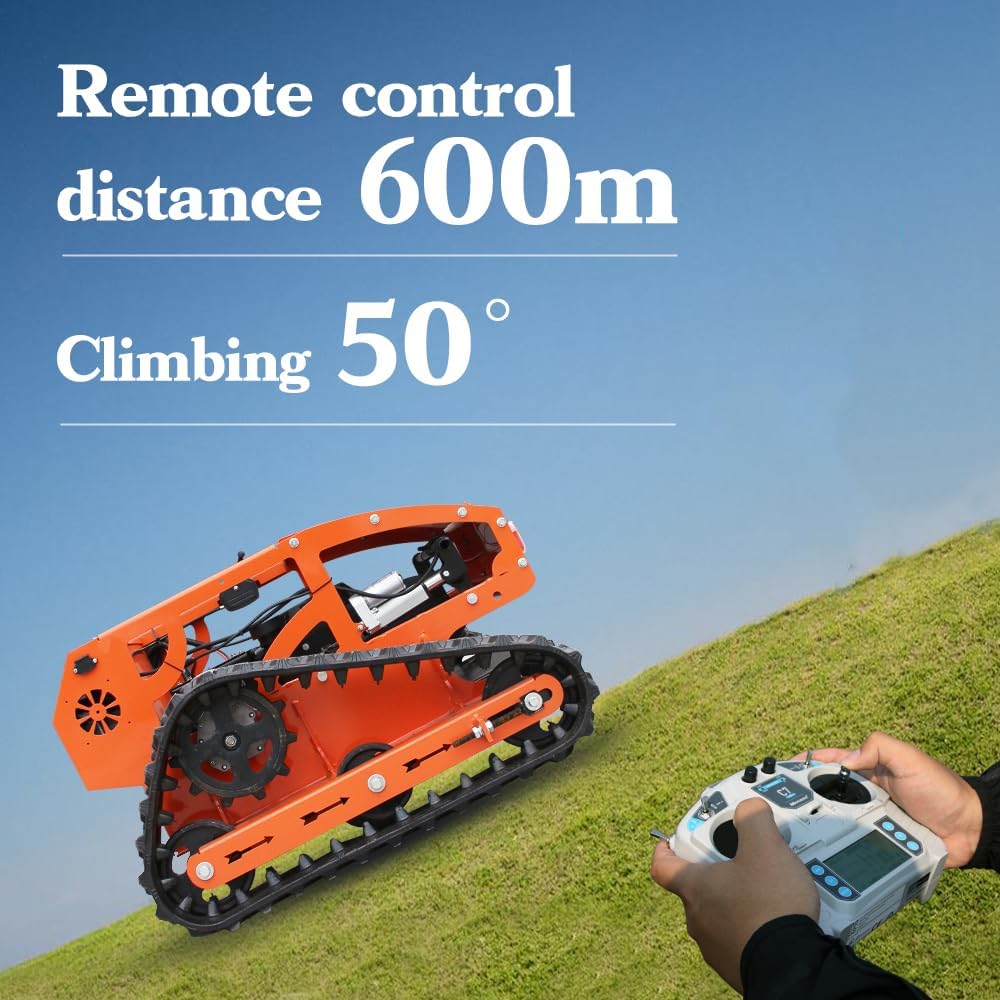 Remote control operation of the lawn mower on a slope, showing a remote control unit and the mower climbing an incline.