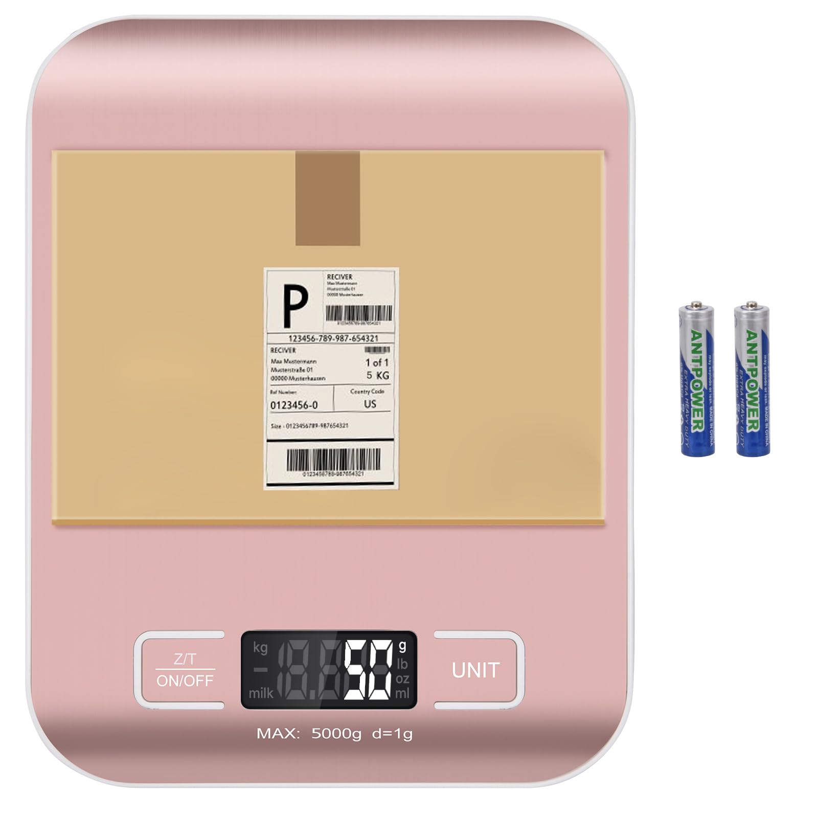 Digital Shipping Scale, Kitchen Scale, Stainless Steel Accurate 5kg/1g Portable Small Postal Scale for Packages, Small Business, Food,Handmade, Liquids, Jewelry, and Boutique (Pink) Pink Battery(5kg/1g)
