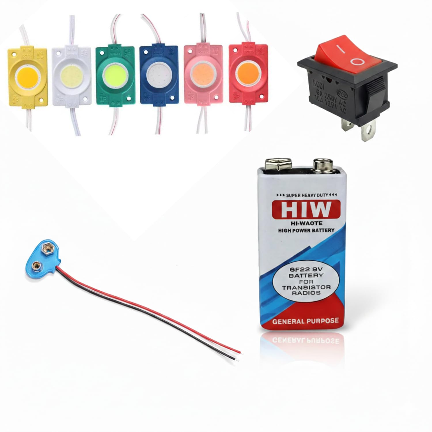 COMBO OF 12V 6 COLOR (RED,GREEN,YELLOW,BLUE,WHITE,PINK) COIN LED Light Module Kit with 2 PIN ON/Off Rocker Switch, 9V Battery & Battery Clip Connector-image-28