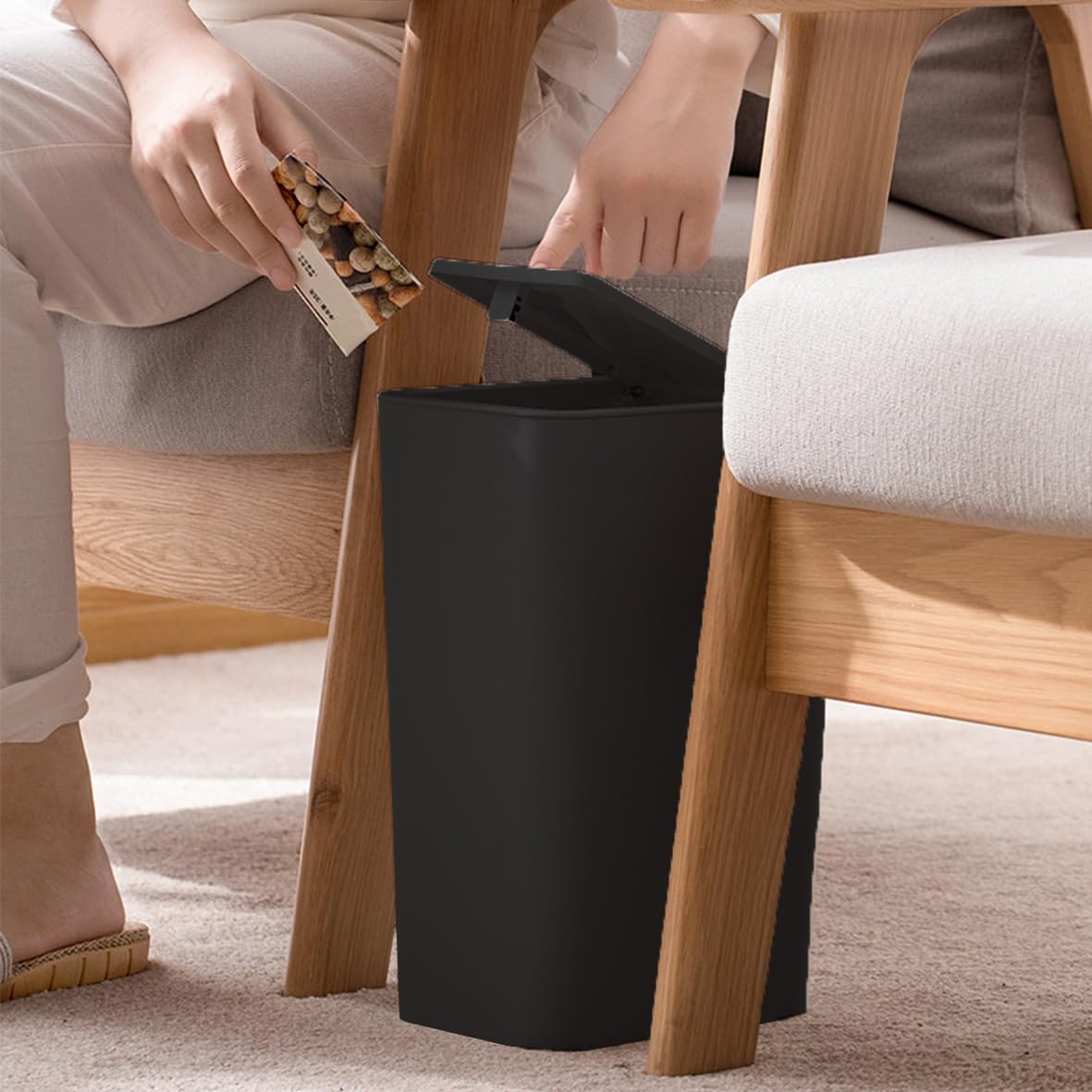 NetDot N Pattumiera Piccola Con Coperchio Pop-Up – Set 3 Da 10L, Per Bagno, Cucina, Ufficio, Colori: Nero, Grigio, Bianco Sporco