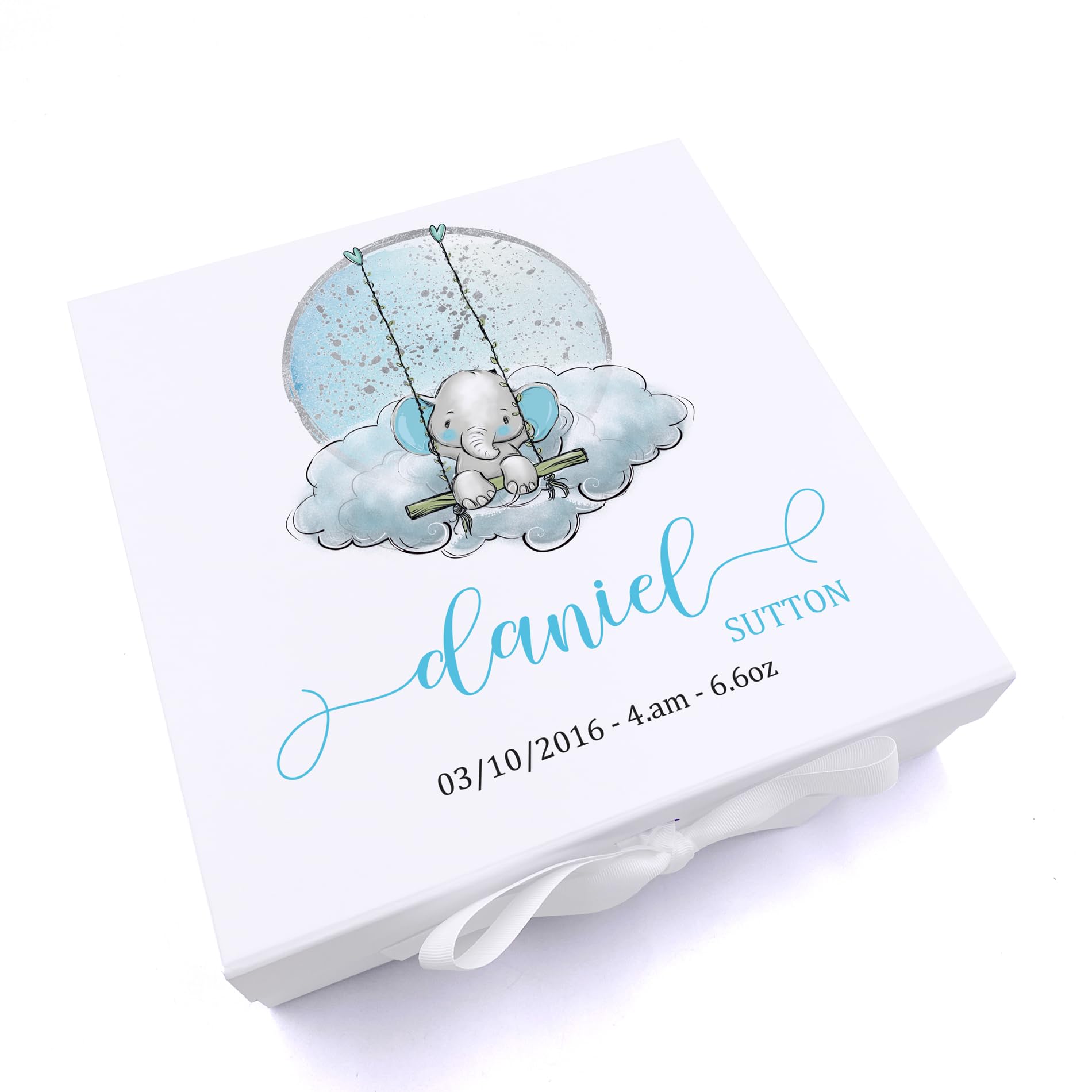 ukgiftstoreonline Personalised Baby Boy Gift Keepsake Memory Box Elephant On Swing