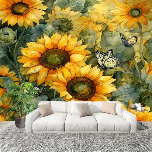 Grandes Paredes Póster Girasol Y Mariposa En Acuarela Papel Pintado Panorámico Decoración De Pared Sala Cuarto Adulto Habitación de Niños Amarillo Papel Tapiz Fotográfico 200x140 cm