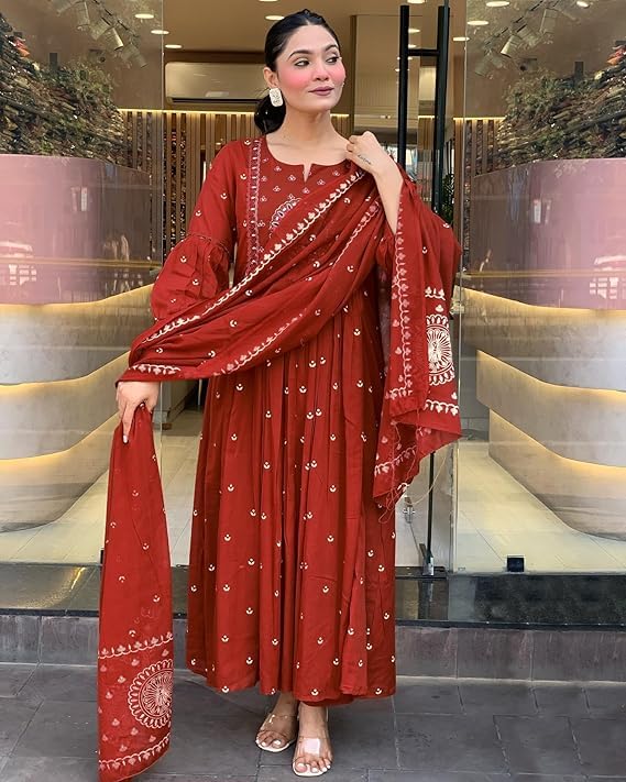 Image of KLOSIA Women Rayon Printed Anarkali Kurta Set with Dupatta