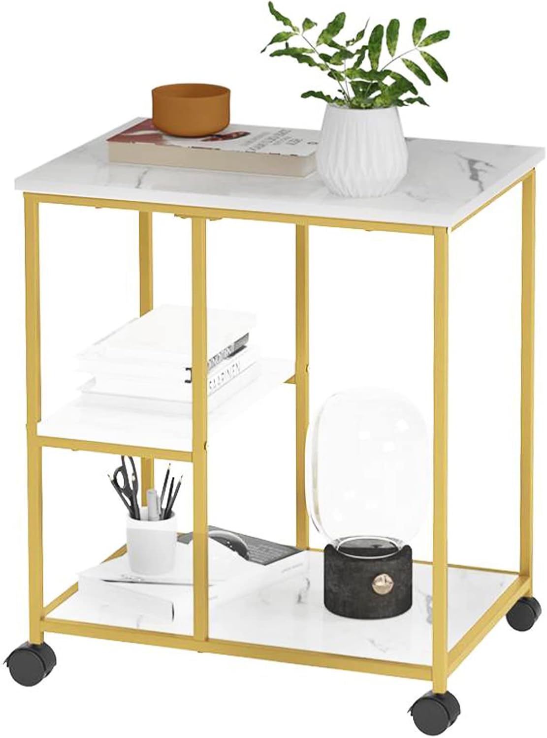soges 3-Tier Printer Stand with Wheels, Office Printer Cart with Storage Shelves, Rolling Kitchen Utility Storage Cart, Mobile Sofa end Table, 3 Shelves Under Desk Organizer for Home Office