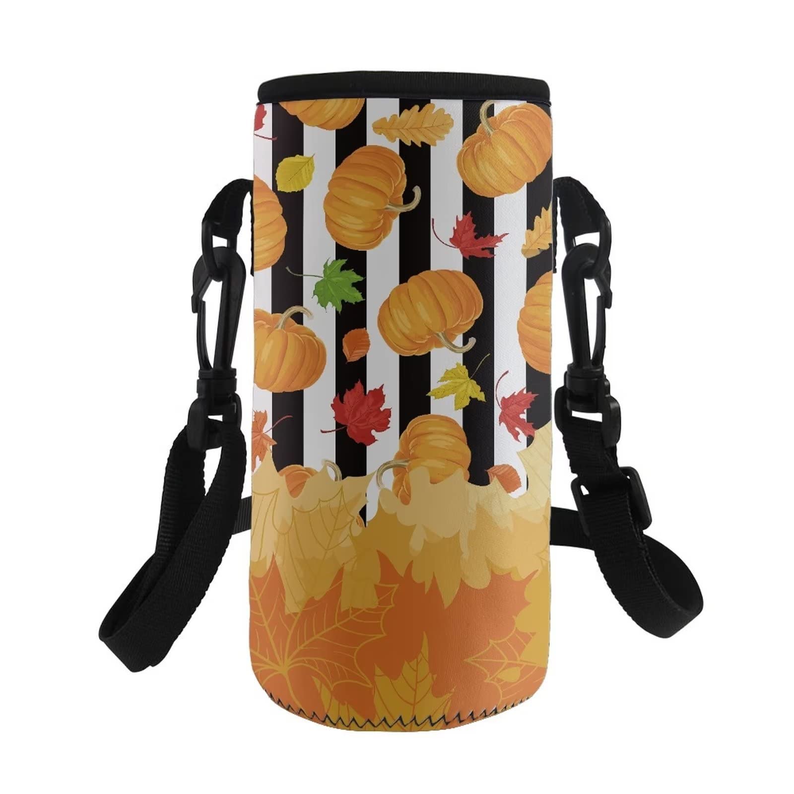 COEQINE Fall Water Bottle Carrier Bag Holder Print Pumpkin Leaves Stripe Insulated Neoprene Water Bottle Pouch with Adjustable Shoulder Strap,for Hiking Travel Outdoor โ image 1
