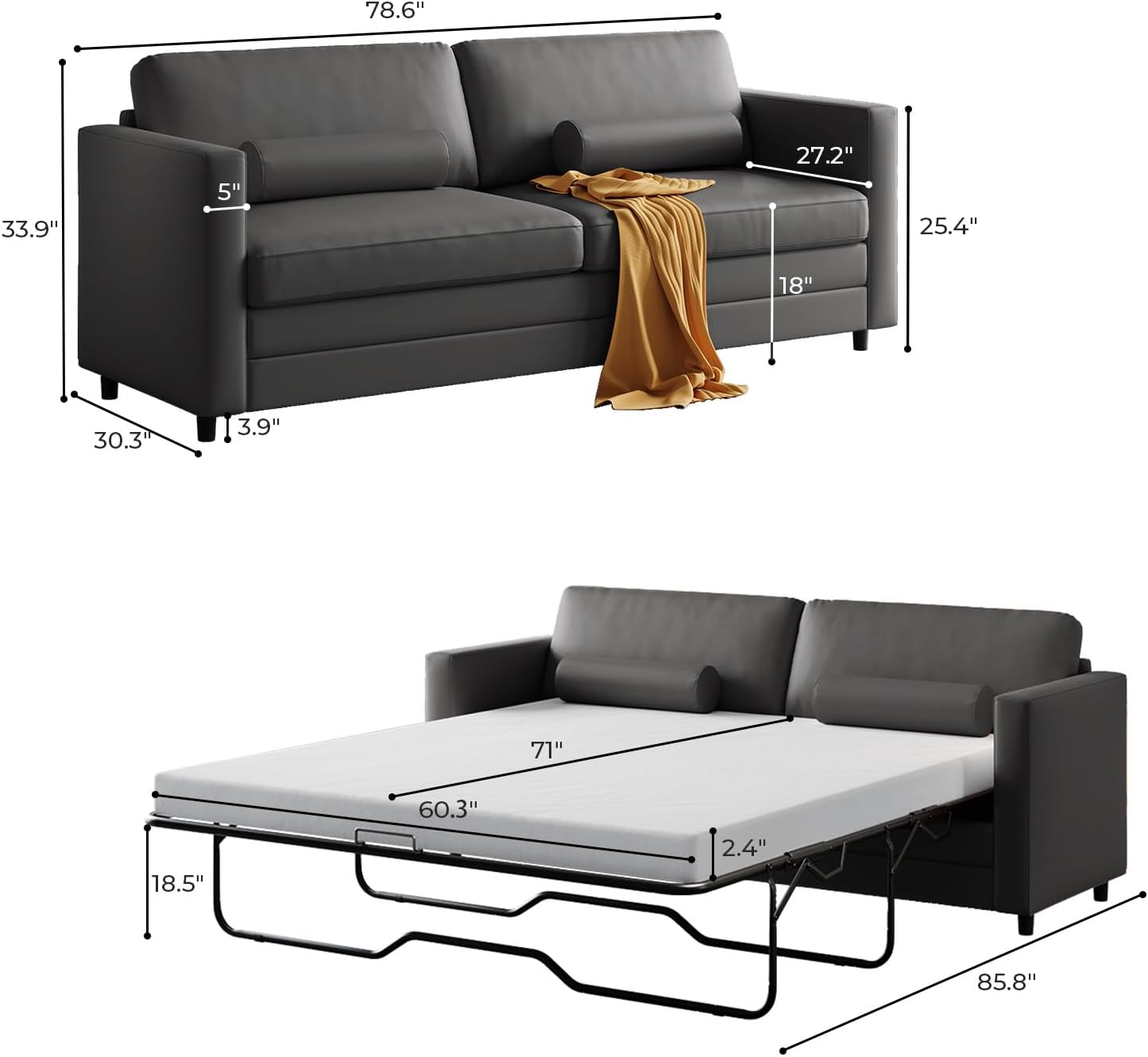 Mjkone 79" W Queen Size Faux Leather Pull Out Sofa Bed, Queen 2-in-1 Sleeper Sofa with Memory Foam Mattress, Modern Loveseat Couch Beds, Pullout Couch Bed for Living Room, Apartment, Studio, Dark Grey