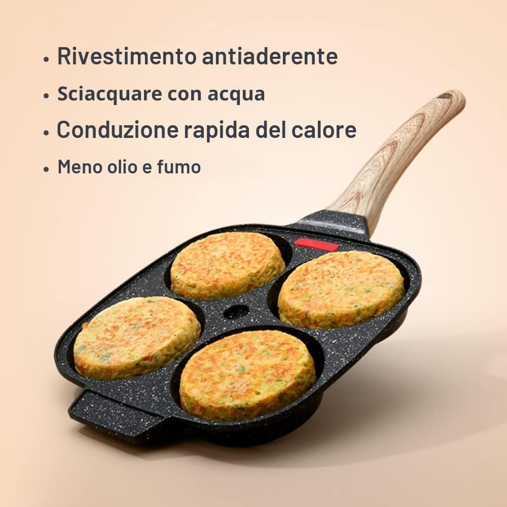 Padella Pancake, Pankache Padella Antiaderente Padella per Frittata a 4 Fori in Alluminio Per Colazione Hamburger Uova Fritte, per Induzione e Gas (Nero)