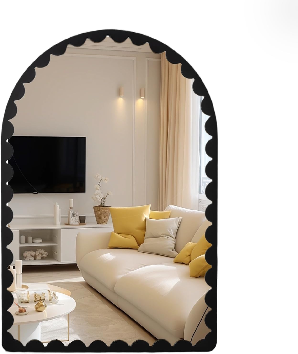 24x36 Arch Bathroom Wall Mounted Scalloped Edge Arc Design Framed Rectangular Bathroom Mirror, Vertical Hanging for Living Room Bedroom Entryway