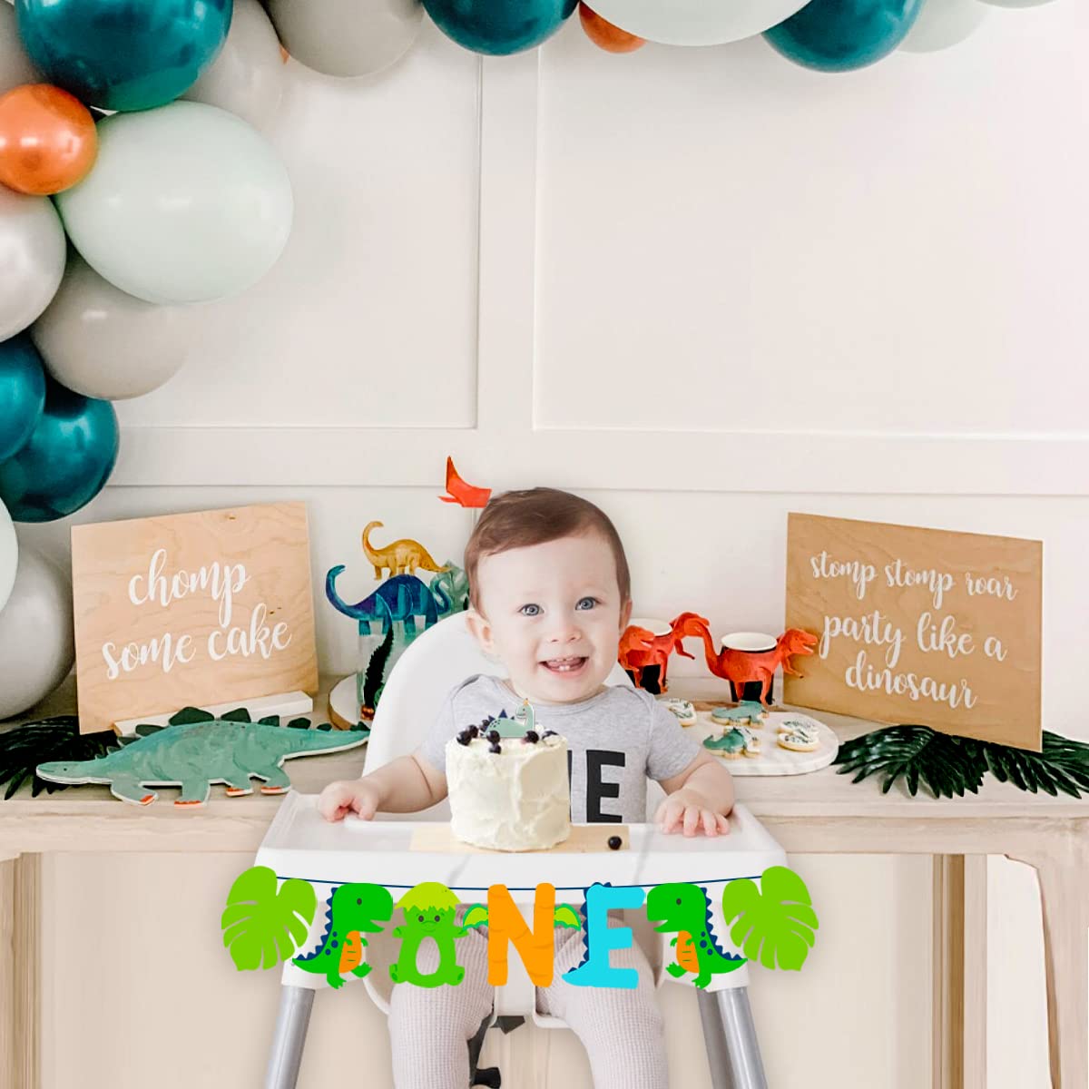 Cartel de dinosaurio para el primer cumpleaños, decoración de dinosaurio para silla de bebé, dinosaurio, una silla alta, suministros de fiesta de cumpleaños de dinosaurio 2