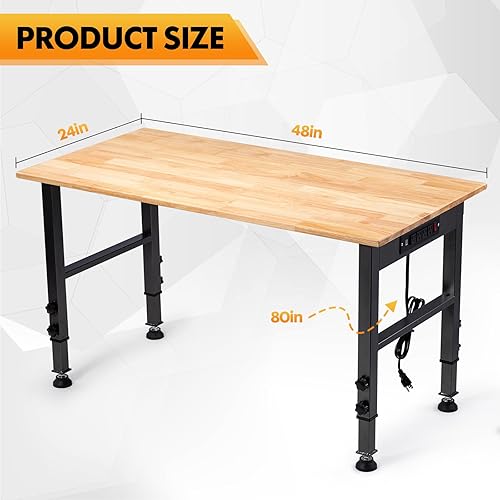 Miniatura 4 de Banco de trabajo de altura ajustable de 48 pulgadas, capacidad de carga de 2000 libras, estación de trabajo superior de madera de goma con toma de