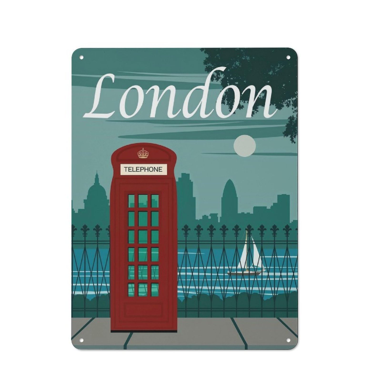 Junmoney London Telephone Booth Illustration For Studio Or Craft Room, Retro-Style Tin Sign 40X30cm, For Metal Sign Collectors, For Garage And Workshop Walls