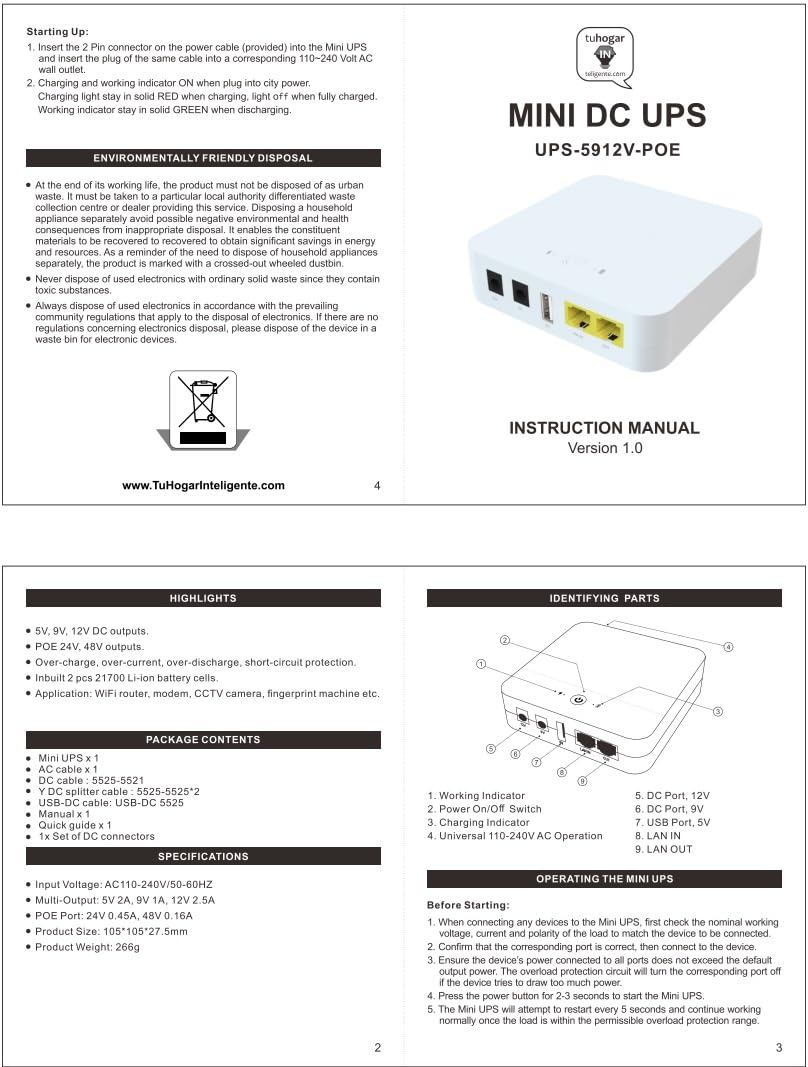 Mini UPS | Mini SAI AC-DC con Batería Interna 8800mAh | Salidas 5V/9V/12V/PoE | Ligero y Compacto Ideal para routers, cámaras IP, alarmas y Dispositivos DC, Protege Ante Cortes de luz y sobrecargas
