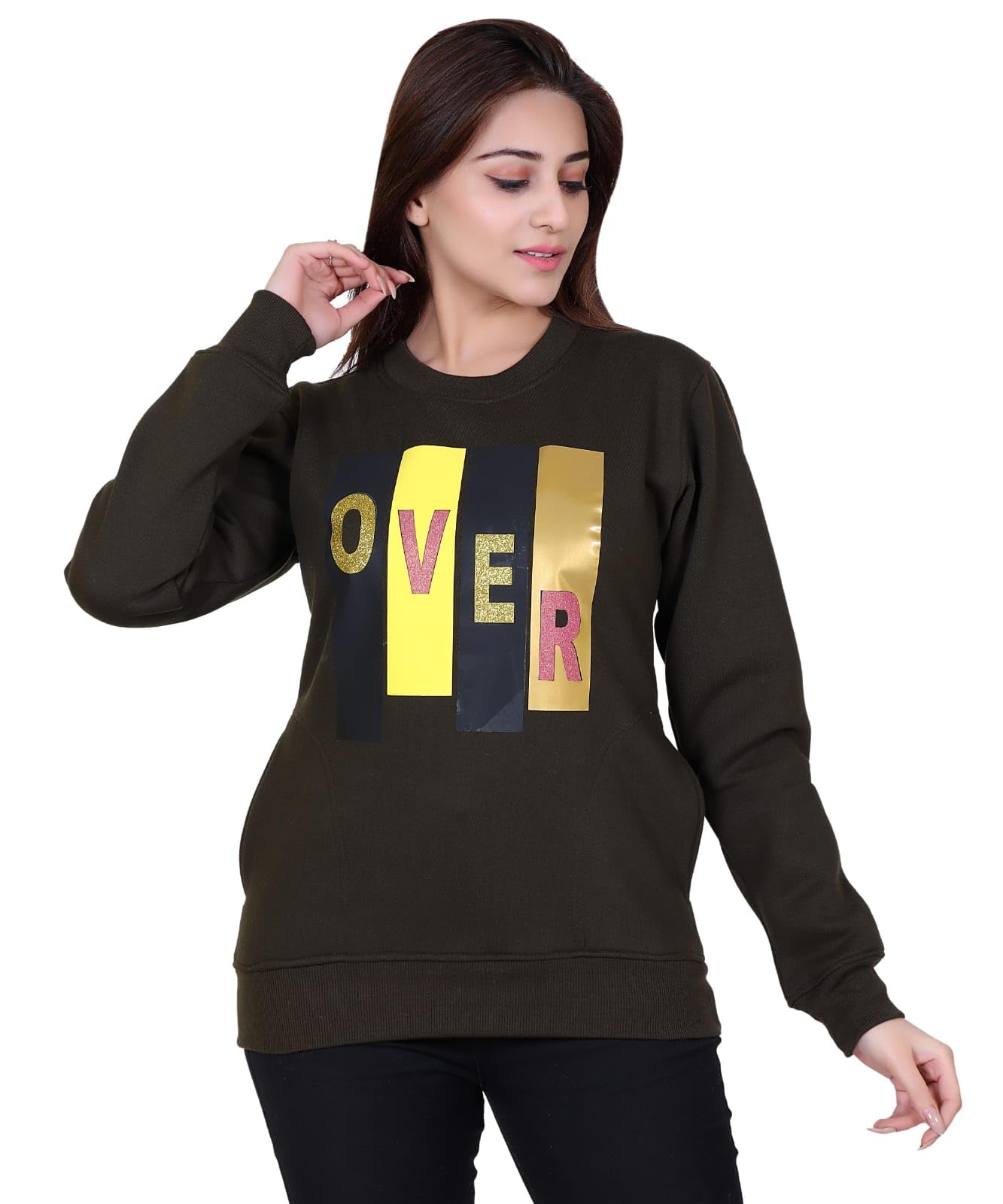 hold Women's Over Graphic Sweatshirt in Black with Gold Print, Long Sleeve Casual Pullover, Blend-picture-13